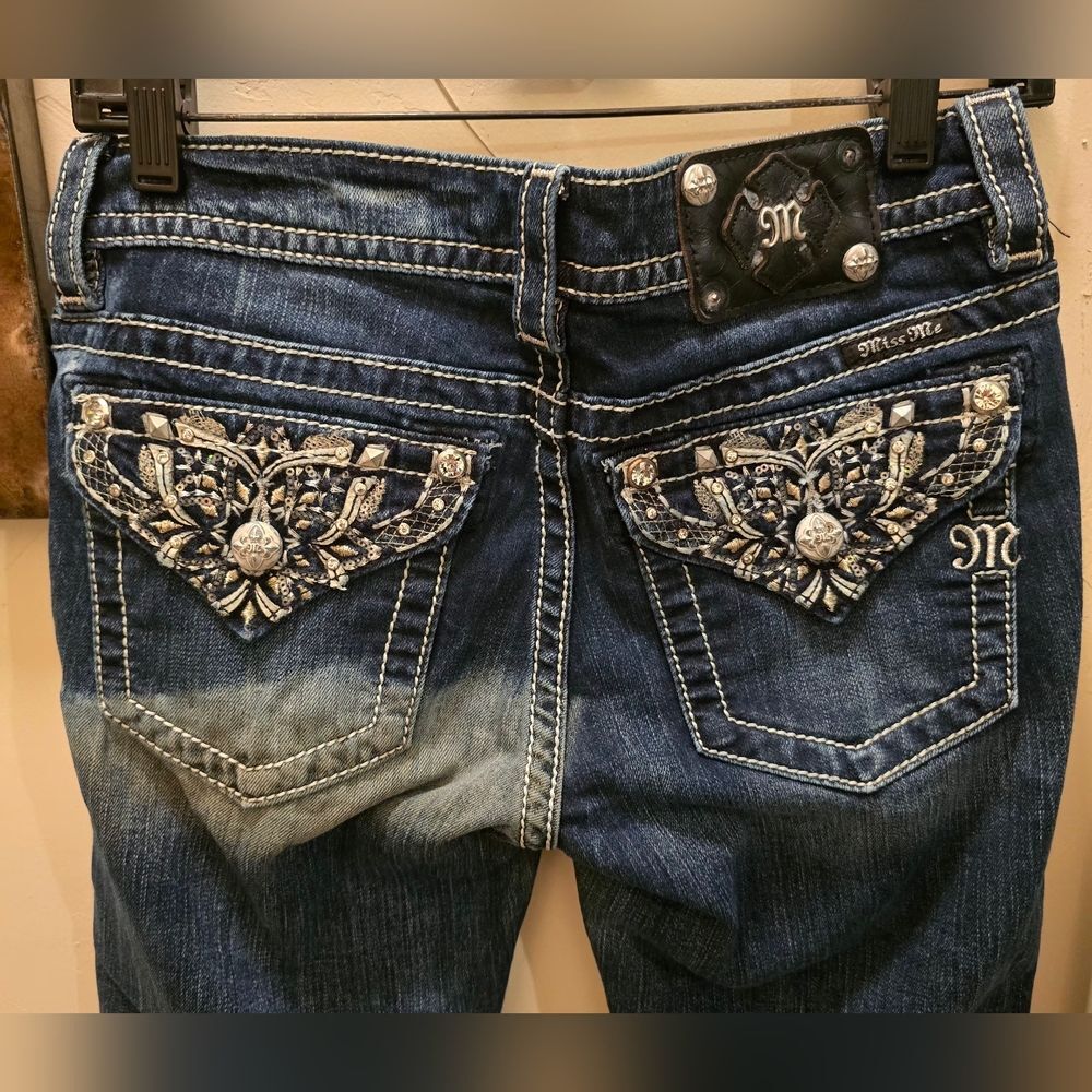 Miss Me Dark Blue Boot Cut Jeans with Silver Embellishments 28x32